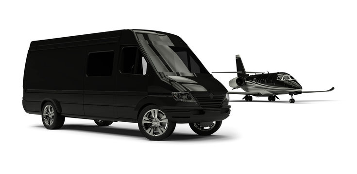 Van limousine with private jet / 3D render image representing an ptivate jet with a van limousine  