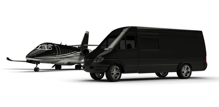 Van limousine with private jet / 3D render image representing an ptivate jet with a van limousine  