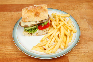 Burger and fries on a table