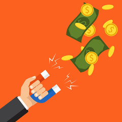 Fototapeta premium Flat design, vector illustration. Human hand holding a magnet. Concept of attracting investments. Money, business, success magnet.
