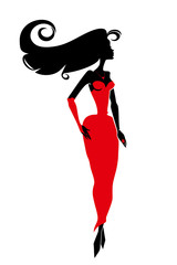 Beautiful woman in a red dress with long black hair. Femme fatale silhouette vector illustration. 