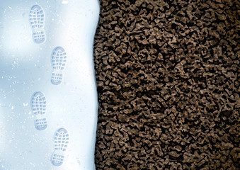 Clear deep footprints on white winter snow of a pair of boots. Track in snow. Overhead view. Image of soil texture. Vector illustration background.