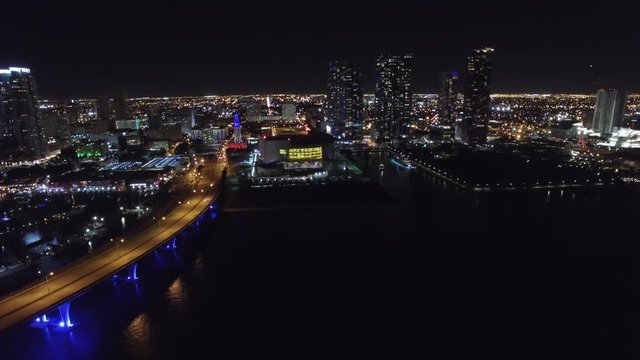 Aerial view of downtown Miami at night.