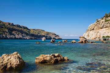 Anthony Quinn Bay, Rhodes in Faliraki. Beautiful beach on the island of Rhodes. One of the most beautiful bays in the city of Faliraki, Greece.