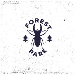 Vintage beetle deer with forest, retro badge or grunge logo for decorating the campsite or for printing on a T-shirt, vector illustration