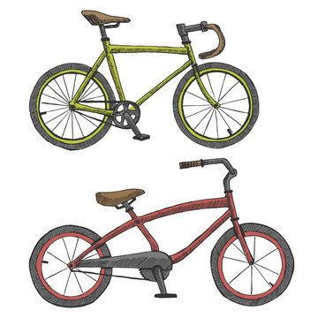 sports and urban bikes hand drawn. Sketch and doodle. Set of two images. Concept of a healthy lifestyle and sport. Eco transport.