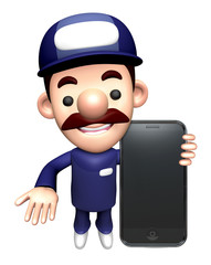 3D Mechanic Character is holding a Smartphone.