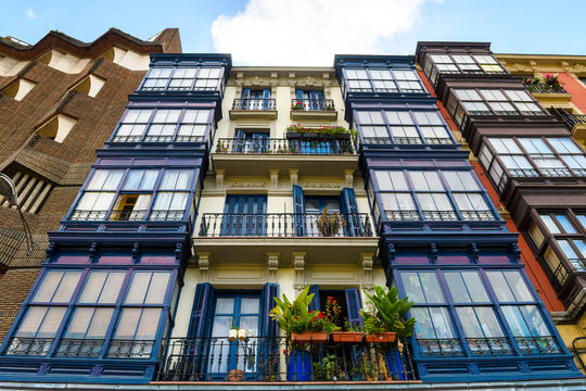 traditional old balconies at Bilbao, Spain