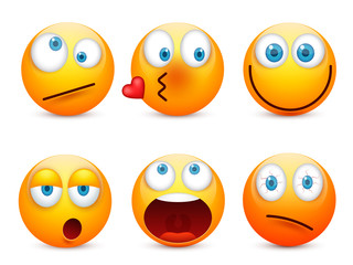 Smiley with blue eyes,emoticon set. Yellow face with emotions. Facial expression. 3d realistic emoji. Sad,happy,angry faces.Funny cartoon character.Mood.Vector illustration.