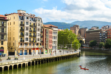 Fototapeta premium Bilbao old town view from riverbank, Spain