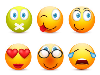 Smiley with blue eyes,emoticon set. Yellow face with emotions. Facial expression. 3d realistic emoji. Sad,happy,angry faces.Funny cartoon character.Mood.Vector illustration.