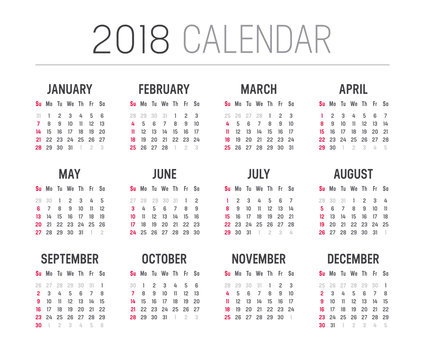 Year 2018 calendar - minimalist vector template