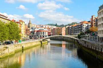 Fototapeta na wymiar Bilbao old town view from riverbank, Spain