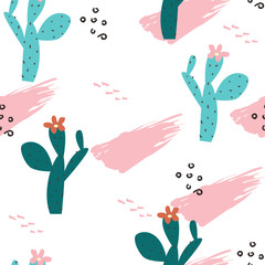 Beautiful cactus seamless pattern in abstract style. Vector hand drawn illustration.