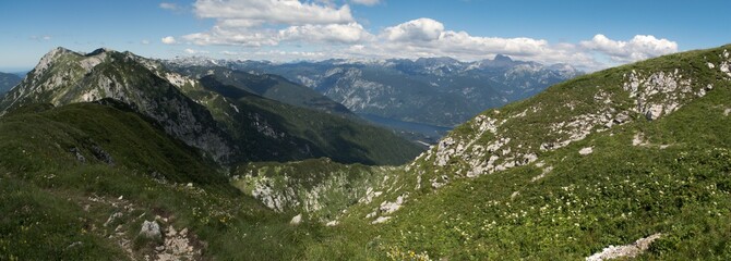 panorama with Triglav mountain and Bohinj lake from the hillside of Crna Prst in Triglav national park in Slovenia