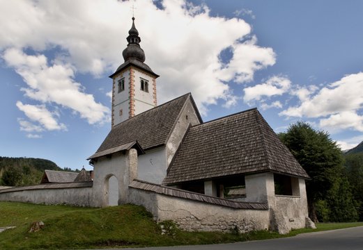 Cerkev Sv. Janeza Krstnika church in Ribčev Laz on Bohinj lake in Triglav national park in Slovenia