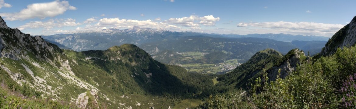 panorama with Triglav mountain from the hillside of Crna Prst in Triglav national park in Slovenia