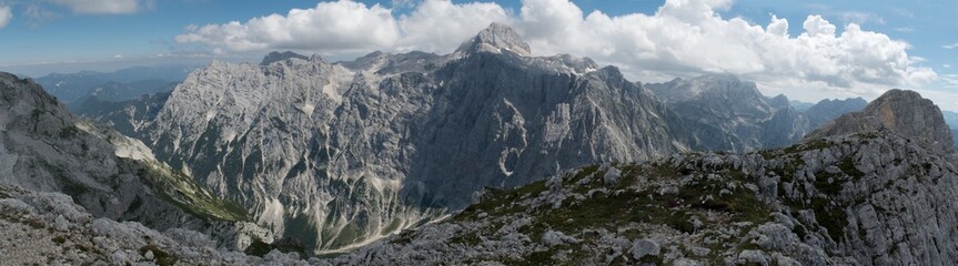 summit of Triglav from the summit of Kriz above Kriski podi in national park in Julian Alps in Slovenia