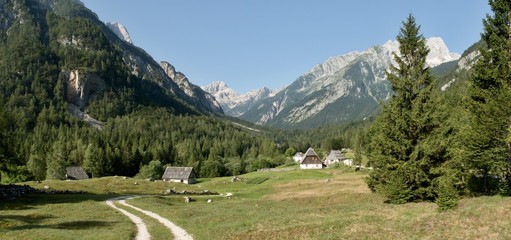 Fototapeta na wymiar Zadnja Trenta valley with the summit of Bavski Grintavec in Triglav national park in Julian Alps in Slovenia