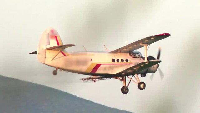A crop dusting plane working over a field