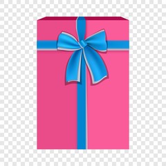Pink gift box with blue ribbon icon, flat style