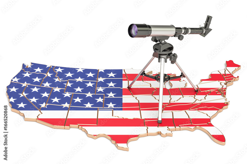 Poster american map with telescope, 3d rendering