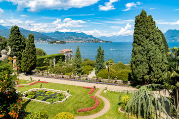 View of Baroque garden of island Bella - isola Bella with Lake Maggiore in background, Verbania,...