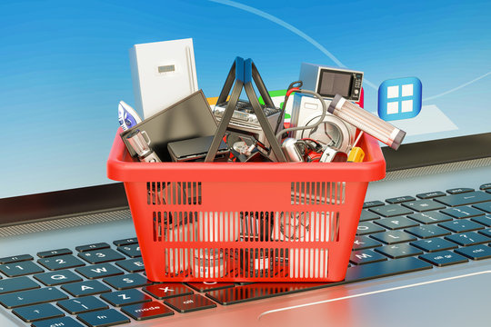 Online Shopping concept with laptop and shopping basket full of home appliances, 3D rendering