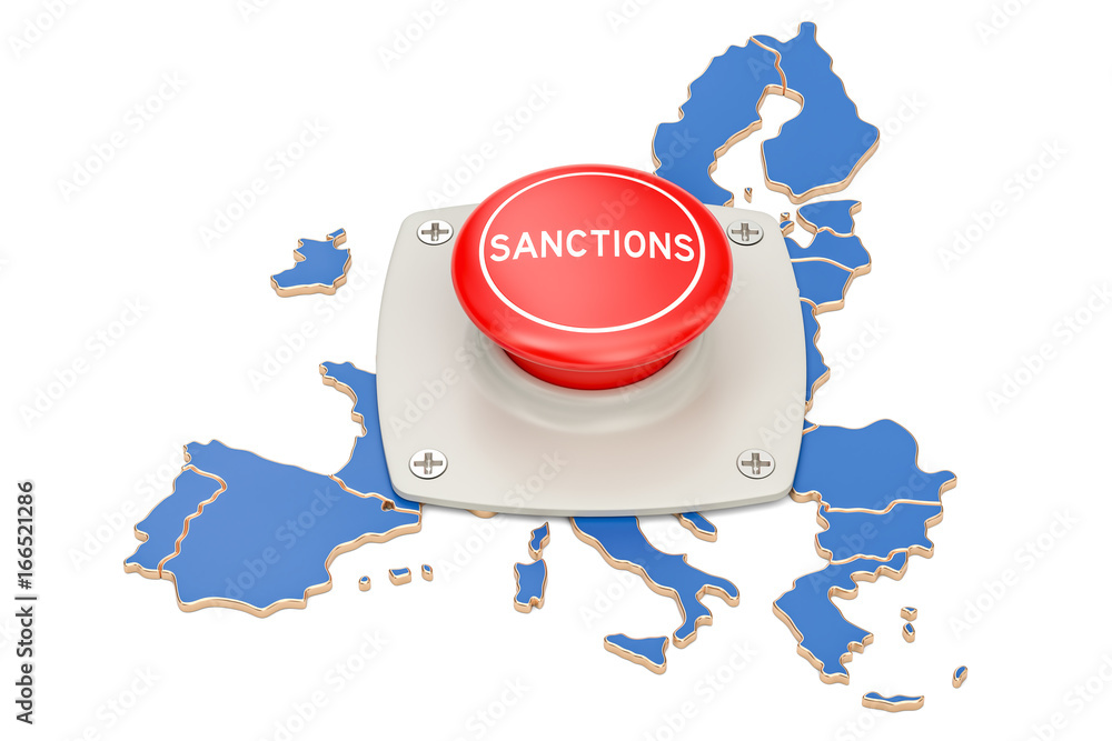 Poster sanctions button on map of european union, 3d rendering