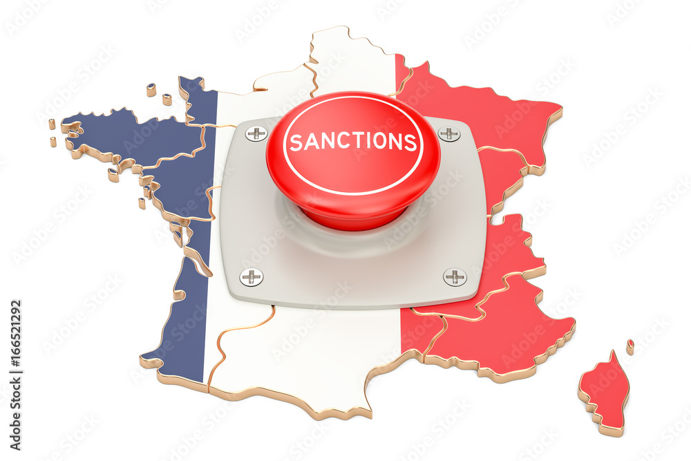 Poster sanctions button on map of france, 3d rendering