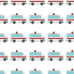 Ambulance seamless pattern in cartoon style isolated on white background vector illustration for web