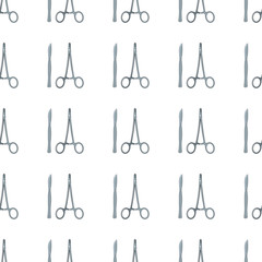 Scalpel and scissors seamless pattern in cartoon style isolated on white background vector illustration for web