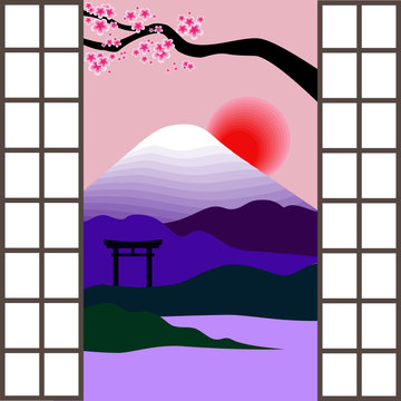 Landscape with Mount Fuji, torii, cherry blossoms and sunrise outside the japanese window. Vector illustration
