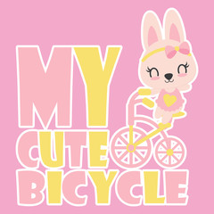 Cute baby bunny rides a bicycle vector cartoon illustration for kid t shirt design, postcard, and wallpaper