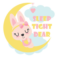 Cute baby bunny sleeps on moon vector cartoon illustration for kid t shirt design, postcard, and wallpaper