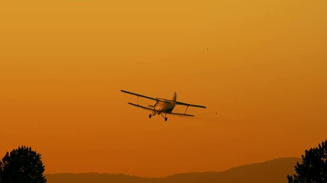 A crop duster applies chemicals to a field 