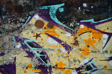 Close up view of graffiti drawing details. Background image on the theme of street art and vandalism. Texture of the wall, painted with aerosol paints