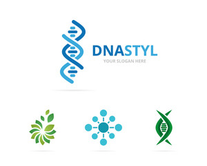 Vector of dna and chromosome logo combination. Gene and helix symbol or icon. Unique spiral and molecular logotype design template.