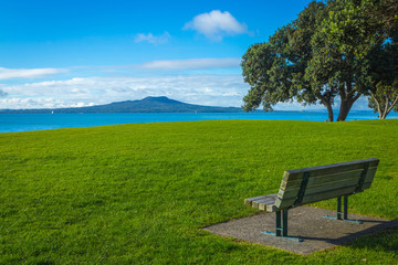 Milford Beach Auckland New Zealand; Green Field Area View to Rangitoto Island