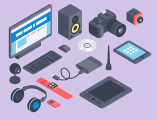 Vector set of isometric computer devices icons wireless technologies mobile communication 3d illustration