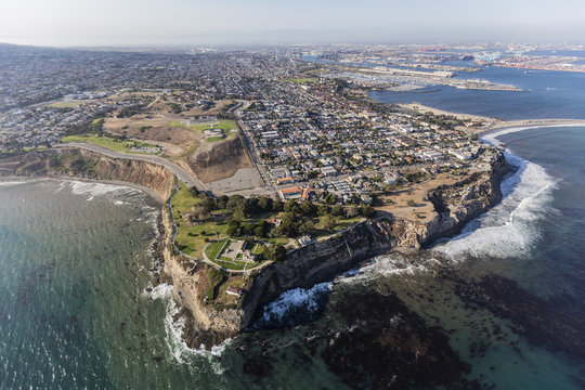 San Pedro pacific ocean coastline aerial in Los Angeles, California.