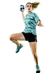 one caucasian young teenager girl woman playing Handball player isolated on white background © snaptitude