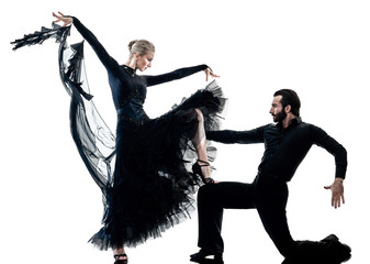 one caucasian man and woman couple ballroom tango salsa dancer dancing in studio silhouette...