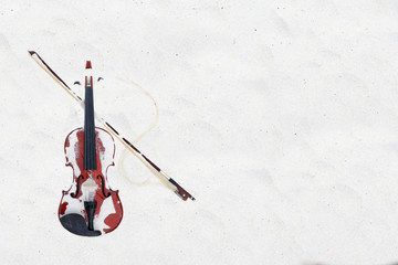 The violin on the white sandy beach by the sea