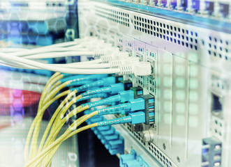 Fiber Optic cables connected to an optic ports and Network cables