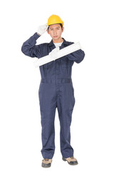 Worker holding blueprint on white