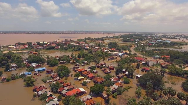 drone view : slider shot of flooded villages during the monsoon rains