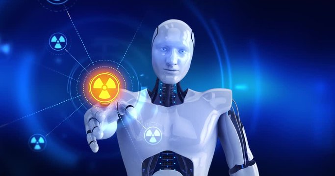 Humanoid robot touching on screen then nuclear symbols appears. 4K+ 3D animation concept.