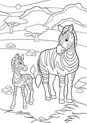 Coloring pages. Mother zebra with her little cute baby.