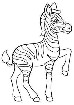 Coloring pages. Little cute baby zebra smiles.